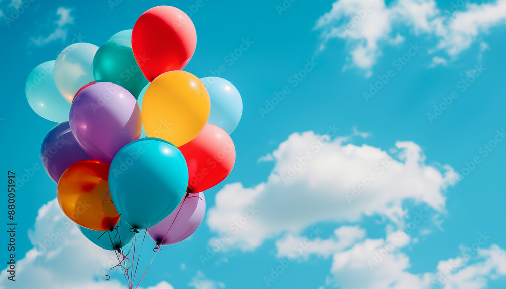 colorful helium balloons floating against blue sky joyful celebration background 