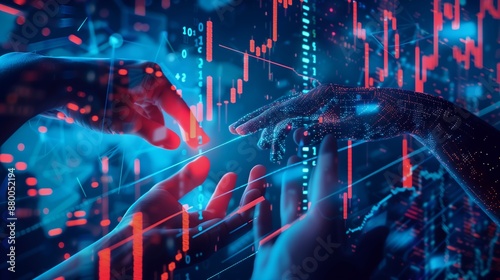 hand touching stock market analysis digital display screen