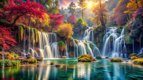 Enchanting photo of a surreal landscape with cascading waterfalls, vibrant foliage, and ethereal reflections