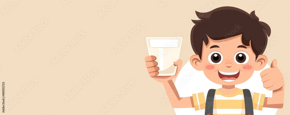 A cartoon boy is holding a glass of milk and smiling. The image is meant to convey the importance of drinking milk for good health A cartoon boy is holding a glass of milk and smiling. The image is meant to convey the importance of drinking milk for good health