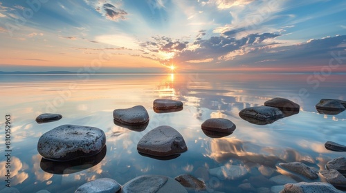The setting sun casts a golden glow on the tranquil sea, while the rocks in the foreground create a sense of peace and tranquility.