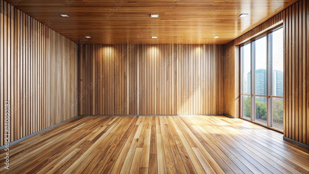 Fototapeta premium Empty room with wood floor and walls , minimalist, interior design, zen, tranquility, simplicity, modern, natural, serenity