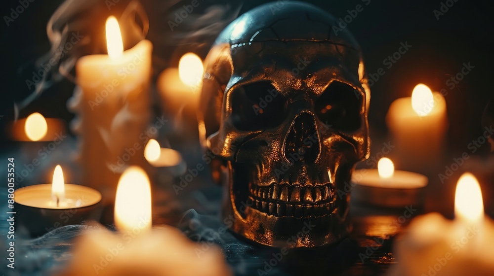 Skull Surrounded by Black Background and Candles Skull Surrounded by Black Background and Candles