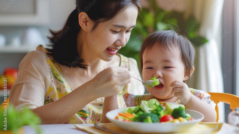 Asian mother and son eating healthy salad Asian mother and son eating healthy salad