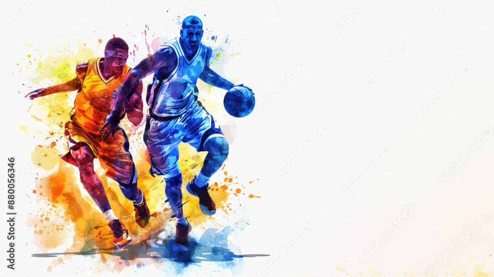Obraz premium Colorful watercolor painting of basketball athlete playing ball at game