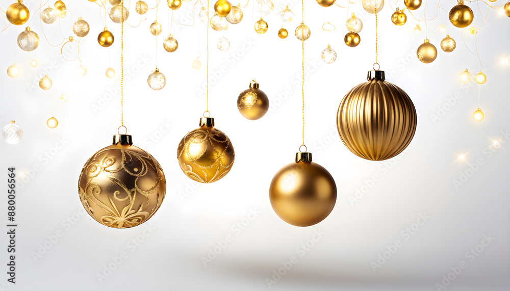 Set of gold Christmas ball decorations on a white background, copy space text Set of gold Christmas ball decorations on a white background, copy space text