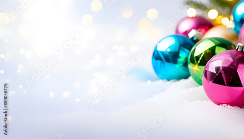 Blue, green, pink, and gold Christmas decorations on a white background, copy space text background