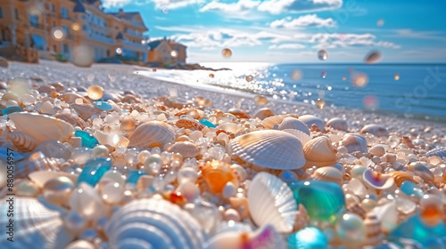 The blue sky,white clouds,and sunlight shine on the snow-white beach