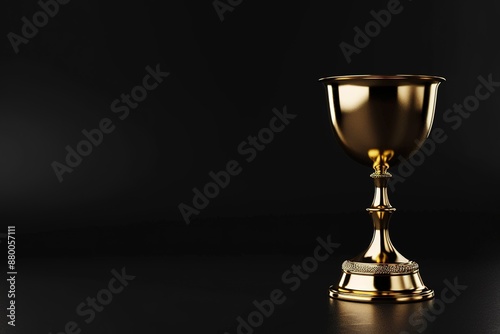 A golden trophy with the shape of an open cup on top, placed against a black background. © Rayhanbp