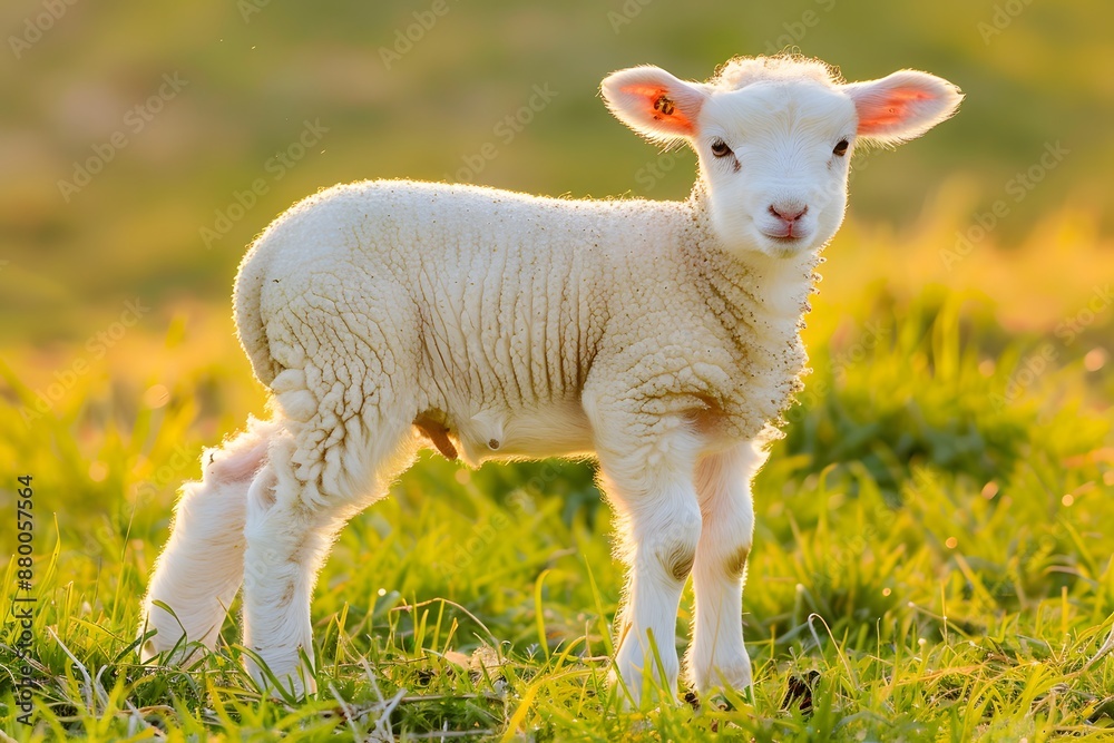Obraz premium Adorable baby lamb standing alone in a sunny meadow, bathed in golden afternoon light.