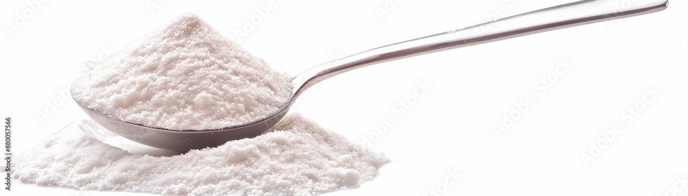 A pile of white powder and a silver spoon on a white background. Perfect for culinary, medical, or beauty stock photo needs. A pile of white powder and a silver spoon on a white background. Perfect for culinary, medical, or beauty stock photo needs.