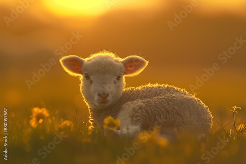 Cute lamb resting on a flower-filled meadow at sunset showcasing a serene rural landscape.