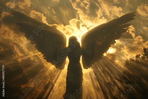 Silhouette of angel statue backlit by golden sunset with beams of light piercing through clouds photo