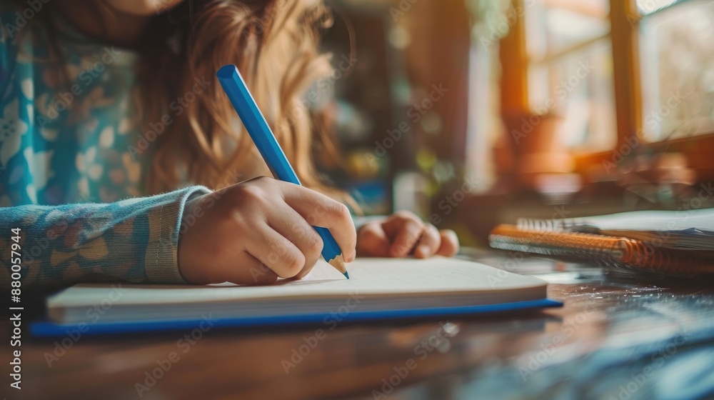 Child doing homework at home with blue pencil space for creativity Learning is life Child doing homework at home with blue pencil space for creativity Learning is life
