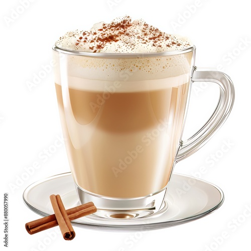 A frothy chai latte with cinnamon sprinkles, served in a glass mug, isolated white background