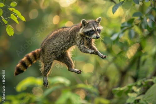 Full body view of Common Raccoon jumping from the tree in natural habitat, full body shot, full body View photo