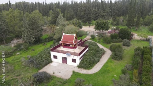 Aerial Panning Shot Of Famous Buddhist Temple , Ben Shemen Forest, Israel photo