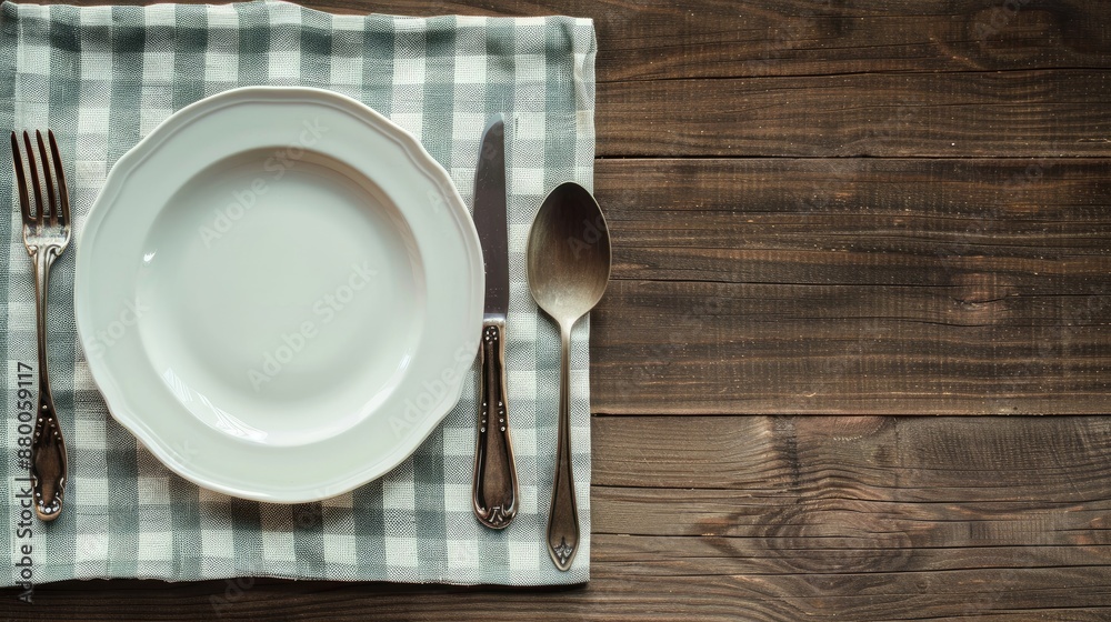 Plate with cutlery on tablecloth on wooden surface Plate with cutlery on tablecloth on wooden surface