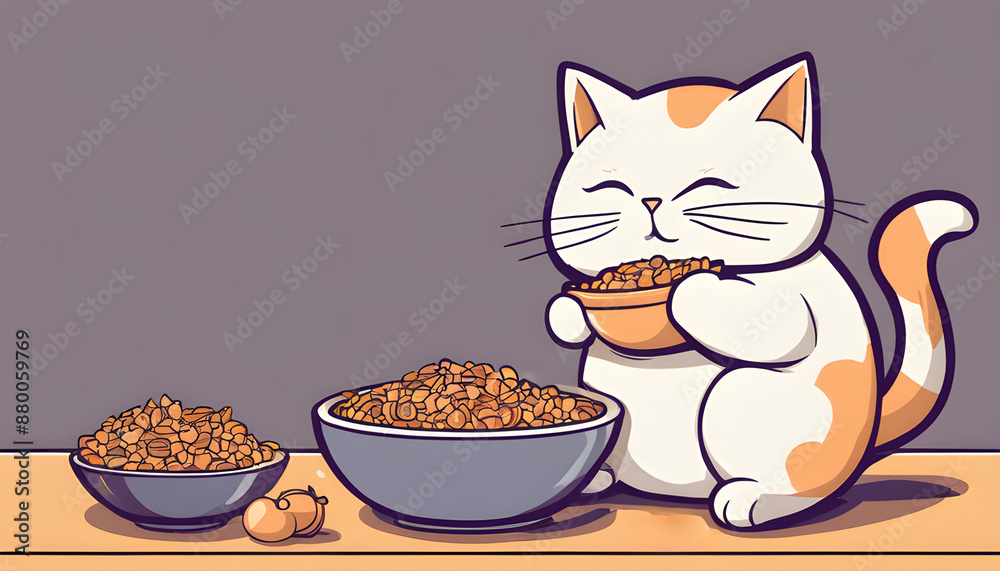 Fototapeta premium Cute cartoon cat happily eating from a bowl of food with various bowls filled with food on the table.