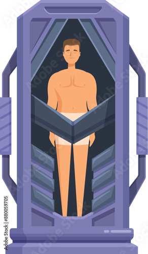 Man is standing inside a cryogenic chamber, being frozen for future awakening