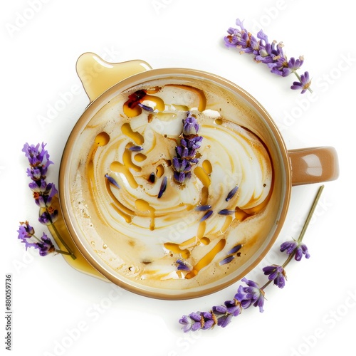 A frothy iced lavender honey latte with lavender syrup and honey drizzle in a ceramic cup, isolated white background, traditional art style photo