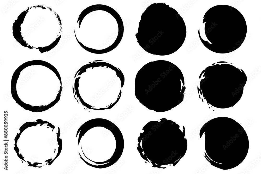 Set of black vector circles. Hand drawn circular shapes. Rough edges abstract elements. Suitable for various designs. Set of black vector circles. Hand drawn circular shapes. Rough edges abstract elements. Suitable for various designs.