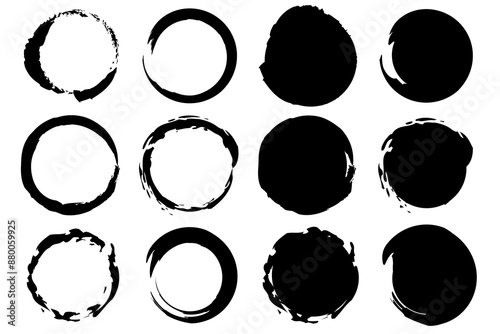 Set of black vector circles. Hand drawn circular shapes. Rough edges abstract elements. Suitable for various designs.