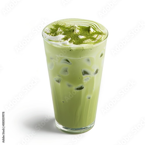 A frothy iced matcha latte with a dusting of matcha powder and latte art in a glass, isolated white background, realism art style