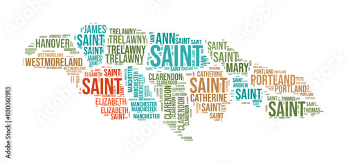Jamaica Word Cloud. Country shape with region division. Jamaica typography style image. Region names tag clouds. Vector illustration.