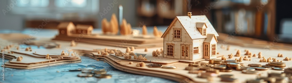 Wood house model and coins, property planning table, construction, ecology, loans symbolism, Wood house model and coins, property planning table, construction, ecology, loans symbolism,