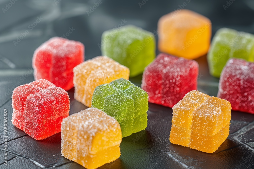 Close-up view of colorful gummies featuring a variety of shapes and colors on a dark background. Perfect for candy-themed designs and advertisements. Close-up view of colorful gummies featuring a variety of shapes and colors on a dark background. Perfect for candy-themed designs and advertisements.