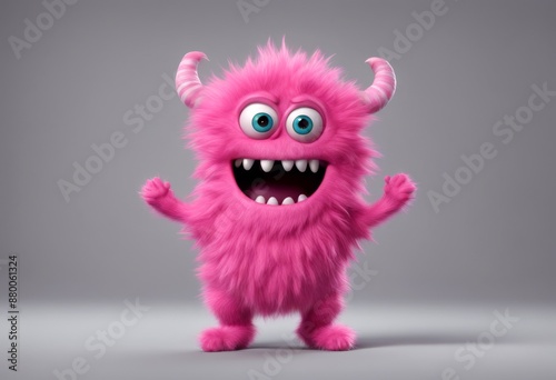 happy pink cute cartoon monster character on transparent background dancing colorful style furry waving 