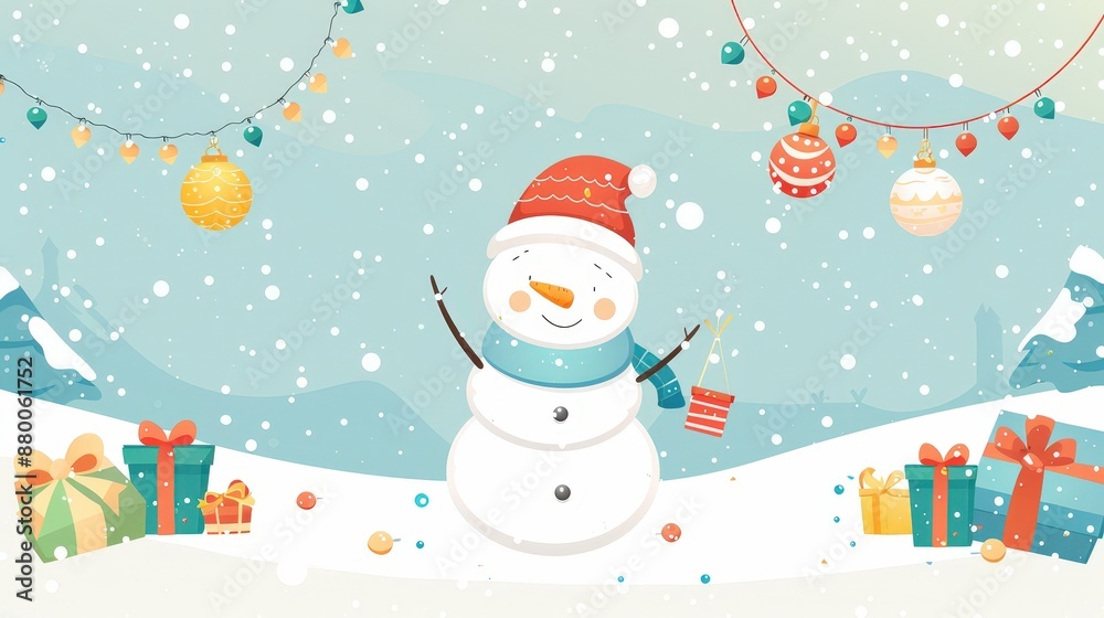 Smiling Snowman With Christmas Decorations In Winter Wonderland Smiling Snowman With Christmas Decorations In Winter Wonderland