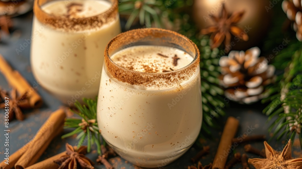 Spiced eggnog for holiday festivities in cinnamon rimmed glasses Traditional winter beverage Spiced eggnog for holiday festivities in cinnamon rimmed glasses Traditional winter beverage