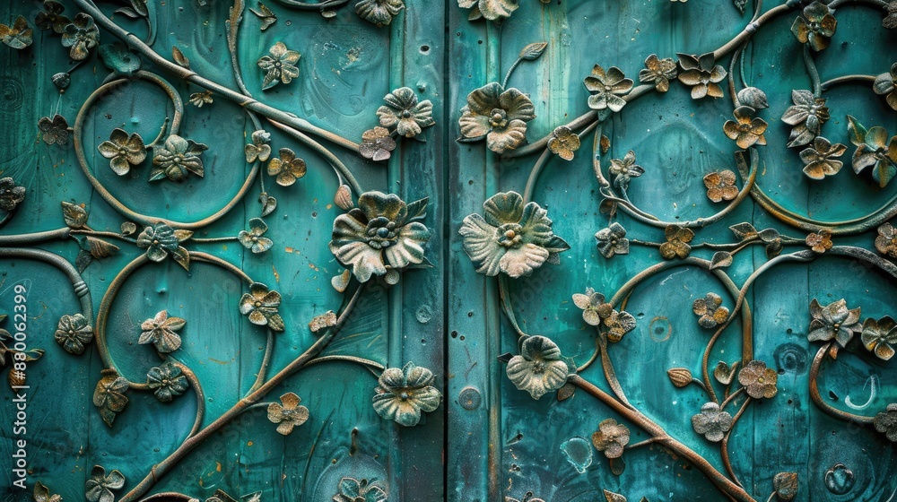 Close up of antique green metal door with floral design Medieval forged background Close up of antique green metal door with floral design Medieval forged background