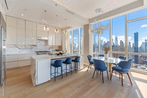 A modern kitchen with white cabinets, light wood floors and blue chairs in front of large