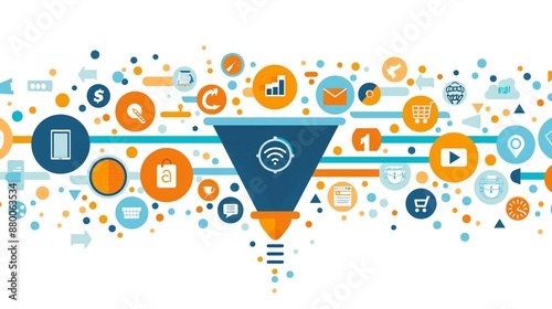 Funnel of digital marketing icons and symbols.