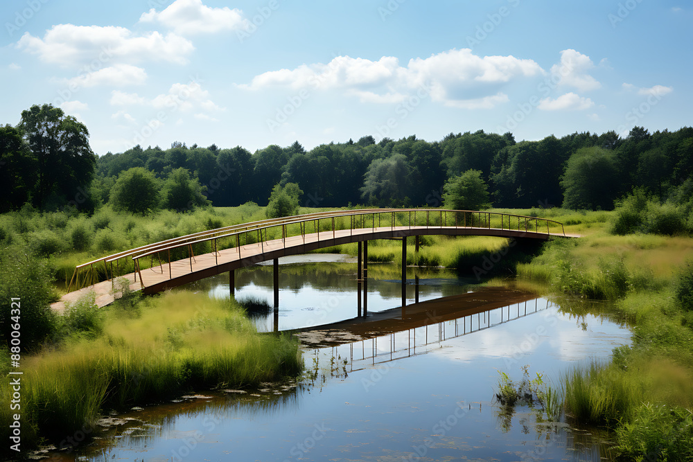 Wooden bridge over a river in the misty morning at sunrise Wooden bridge over a river in the misty morning at sunrise