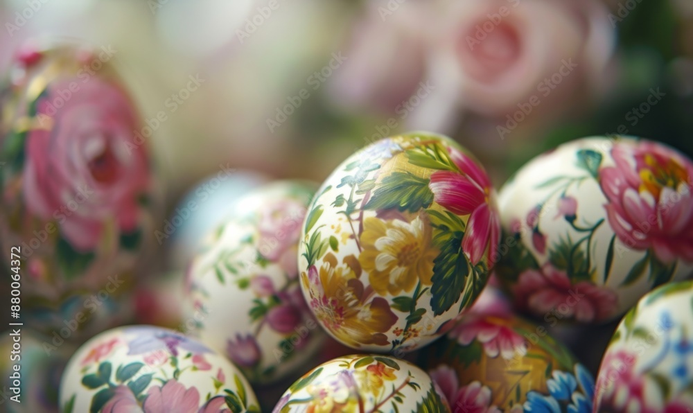 Up Close and Personal with Beautifully Painted Easter Eggs in Floral Motifs Copy space Up Close and Personal with Beautifully Painted Easter Eggs in Floral Motifs Copy space