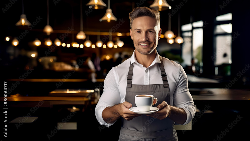 UM JOVEM E BONITO GARÇON USANDO AVENTAL EM PÉ COM SERVINDO CAFÉ EM UM RESTAURANTE OU CAFETERIA UM JOVEM E BONITO GARÇON USANDO AVENTAL EM PÉ COM SERVINDO CAFÉ EM UM RESTAURANTE OU CAFETERIA