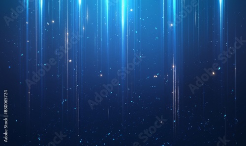 Blue background with vertical lines of light and particles,  with glowing lights and glowing effects, vertical stripes of blue light and stars on a dark background  photo