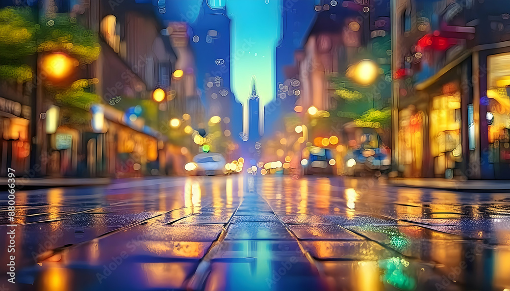 Rainy city street at night with warm lights reflecting on wet pavement Cityscape image with dark buildings and bright windows at night Neon lights illuminate a rainy city street with pedestrians