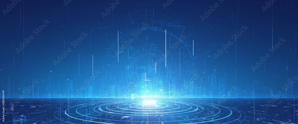 Blue technology background with glowing lines and bar charts in the center of an abstract cityscape Blue technology background with glowing lines and bar charts in the center of an abstract cityscape