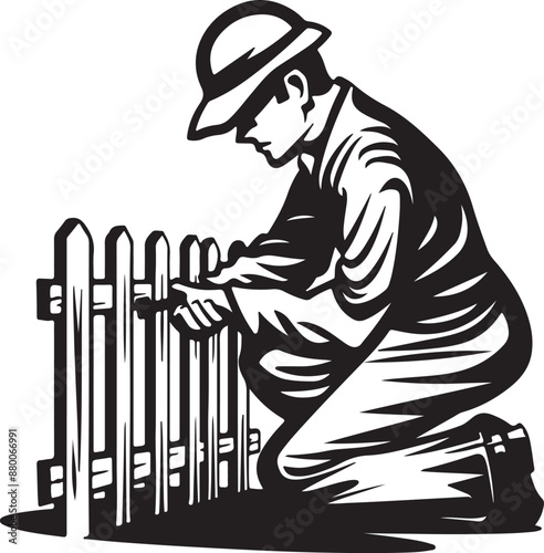 vector of a worker installing a fence