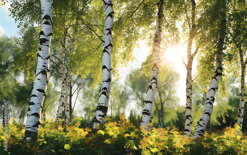 birch forest in sunlight in the morning. 3d rendering photo