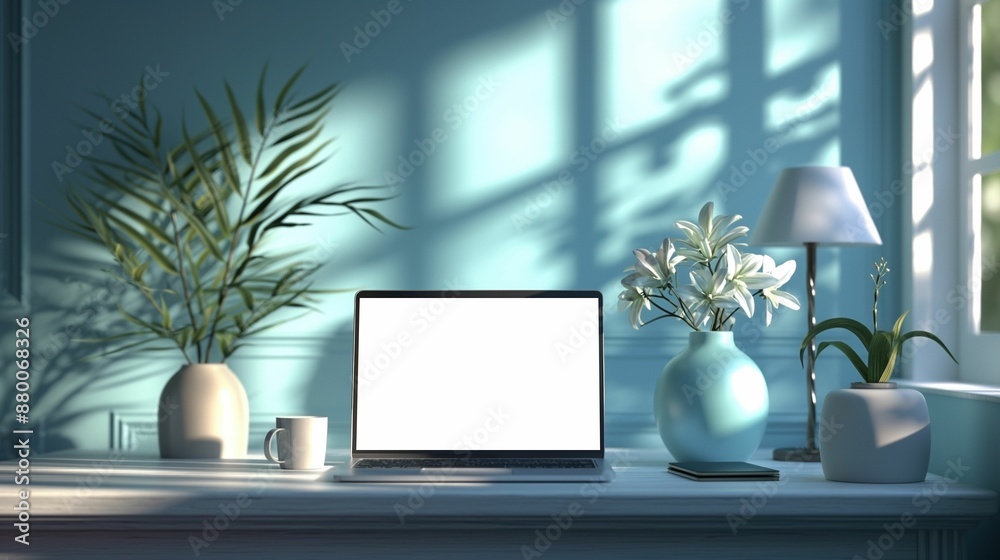 Fototapeta premium Mockup of modern laptop in room with plants and blue wall, AI-generative