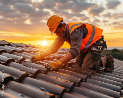 Professional Roof Repair Contractor Working on a Roof at Sunrise, Expert Roofers Fixing a Leaky Roof Early in the Morning, Residential Roof Repair Services photo