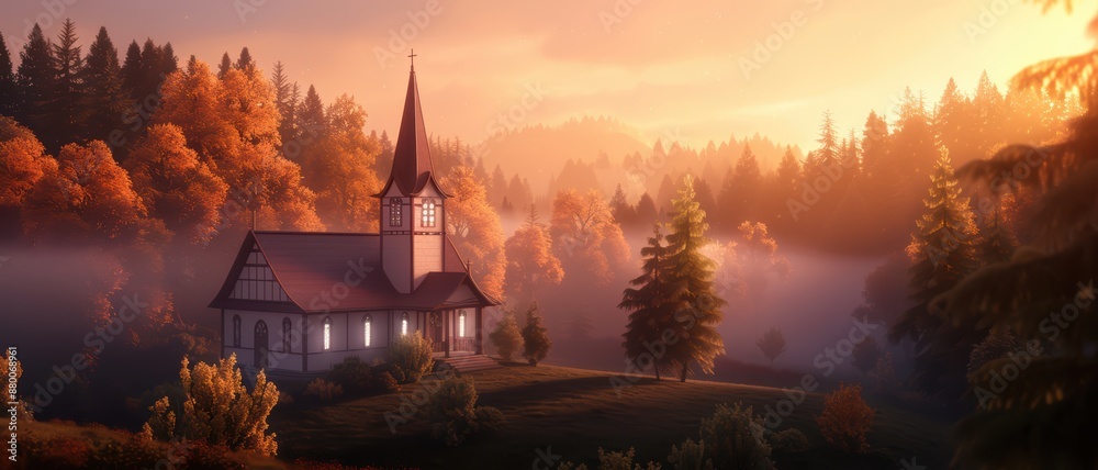 Fototapeta premium Charming Countryside Church at Sunrise with Autumn Foliage and Misty Forest in Background