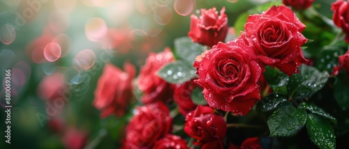 Vibrant Red Roses with Dew Drops in a Lush Garden Setting