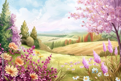 Wallpaper Mural Watercolor spring landscape featuring vibrant flowers, lush greenery, and a serene countryside view Torontodigital.ca